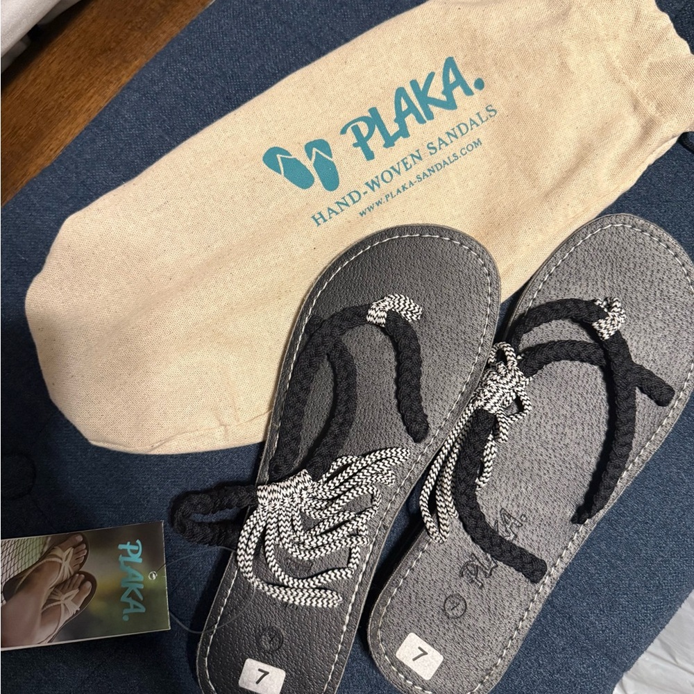 Plaka Hand-Woven Sandals in Black and Gray. NWT